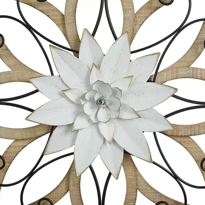 White Metal and Wood Floral Round Wall Plaque