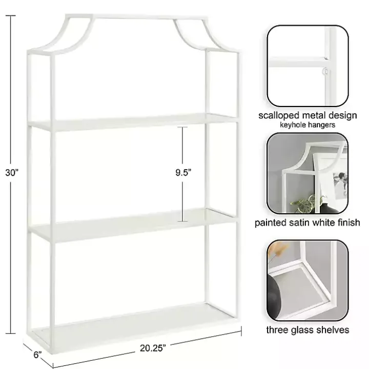 White Metal Scalloped 3-Tier Glass Wall Shelf