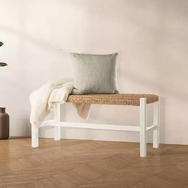 White Newport Wood and Rattan Bench