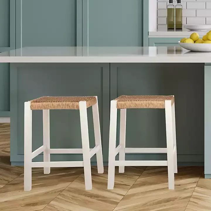 White Newport Wood and Rattan Counter Stool
