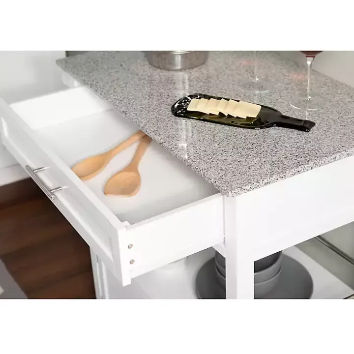White Parker Granite Top Rolling Kitchen Cart