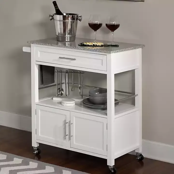 White Parker Granite Top Rolling Kitchen Cart