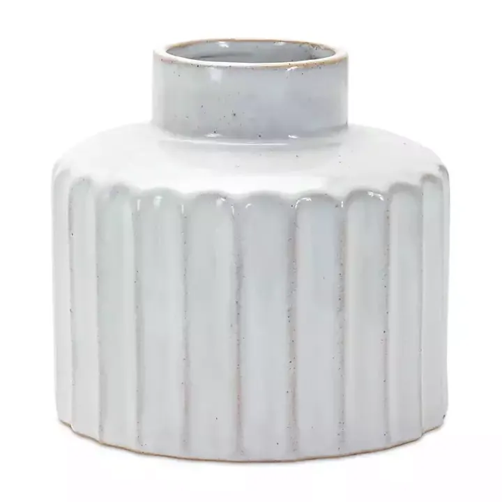 White Porcelain Ribbed Vases, Set of 2