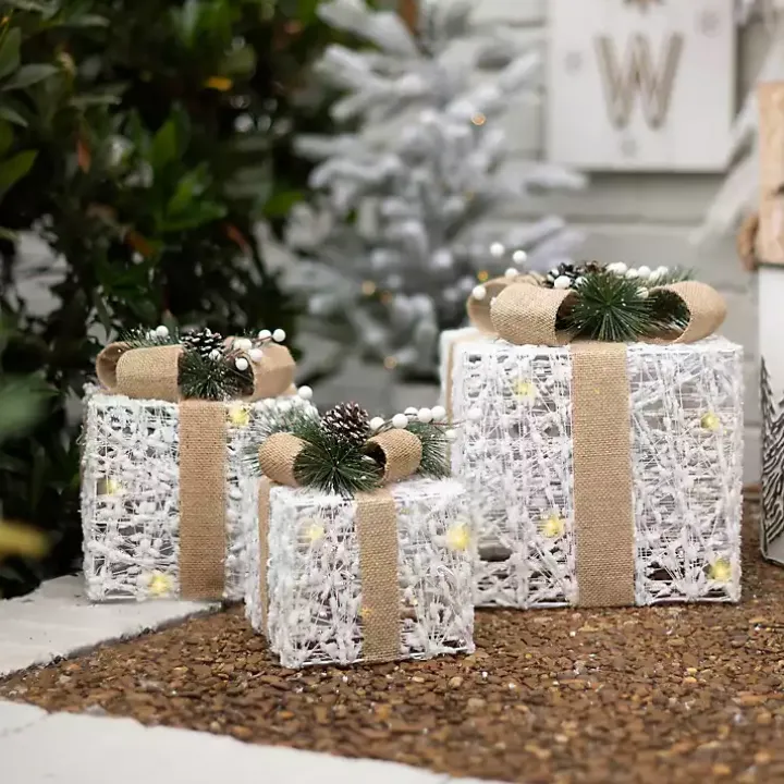 White Pre-Lit Tan Bow Gift Box, 10 in.