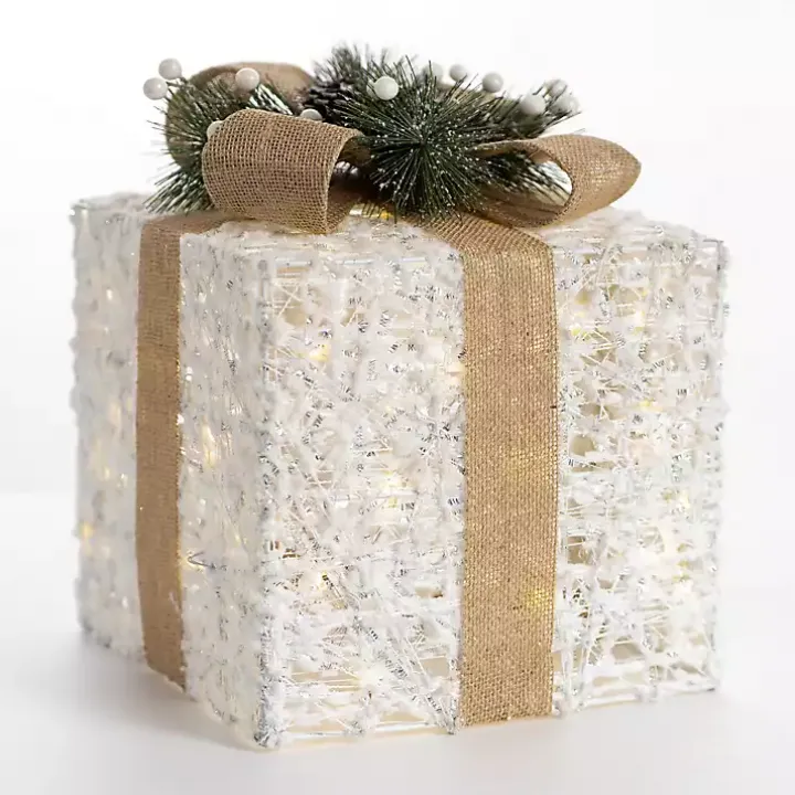 White Pre-Lit Tan Bow Gift Box, 10 in.