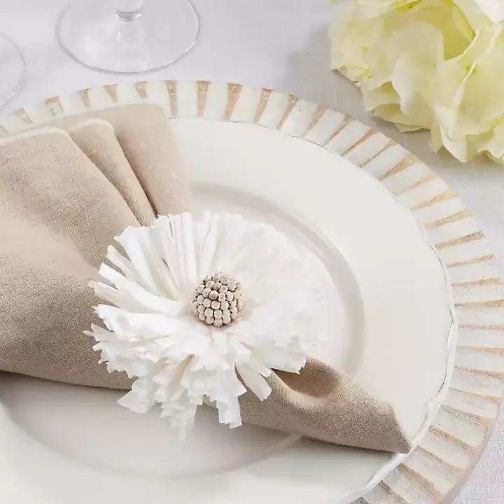 White Raffia Flower Napkin Rings, Set of 4