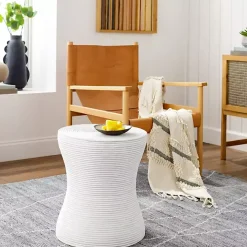White Ribbed Rattan Round Accent Table