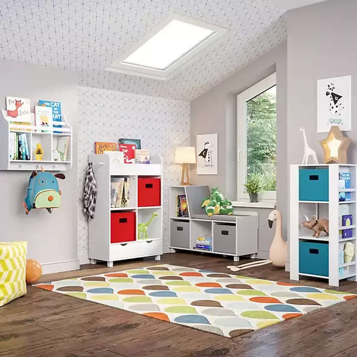 White Storage Cabinet Bookshelf with 2 Navy Bins