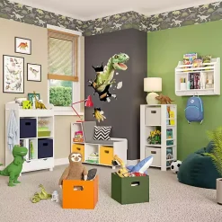 White Storage Cabinet Bookshelf with 2 Navy Bins