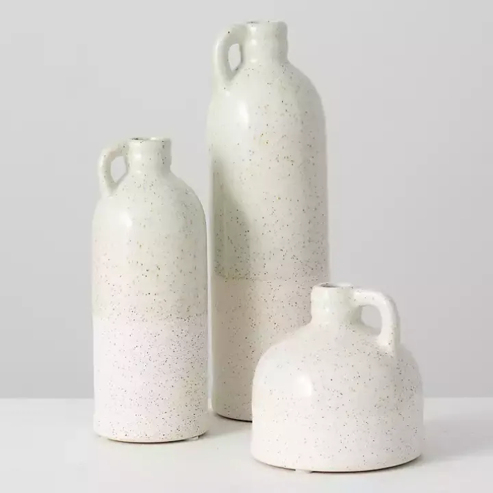 White Terracotta Bottle Vases, Set of 3
