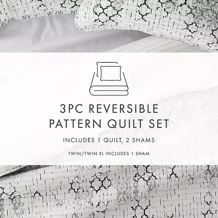 White Trellis Reversible 3-pc. Queen Quilt Set