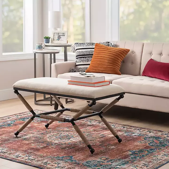 White Upholstered and Wrapped Rope Metal Bench