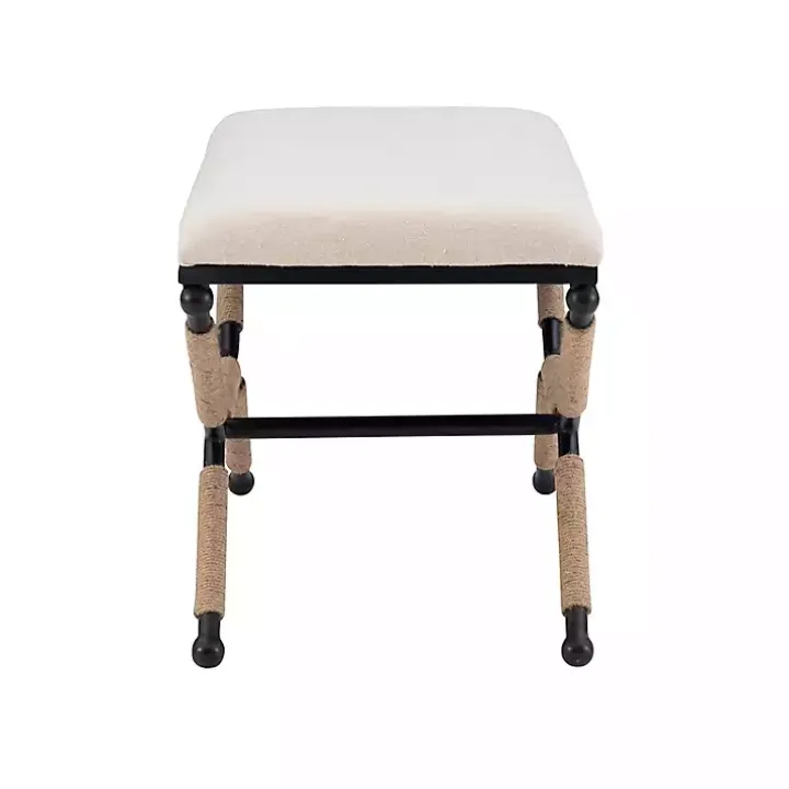 White Upholstered and Wrapped Rope Metal Bench