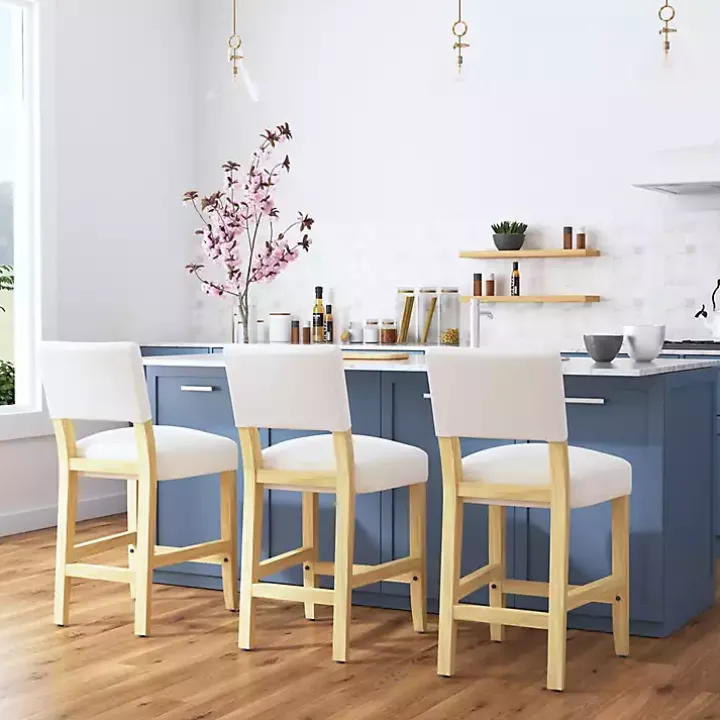 White Upholstered Wood Counter Stool