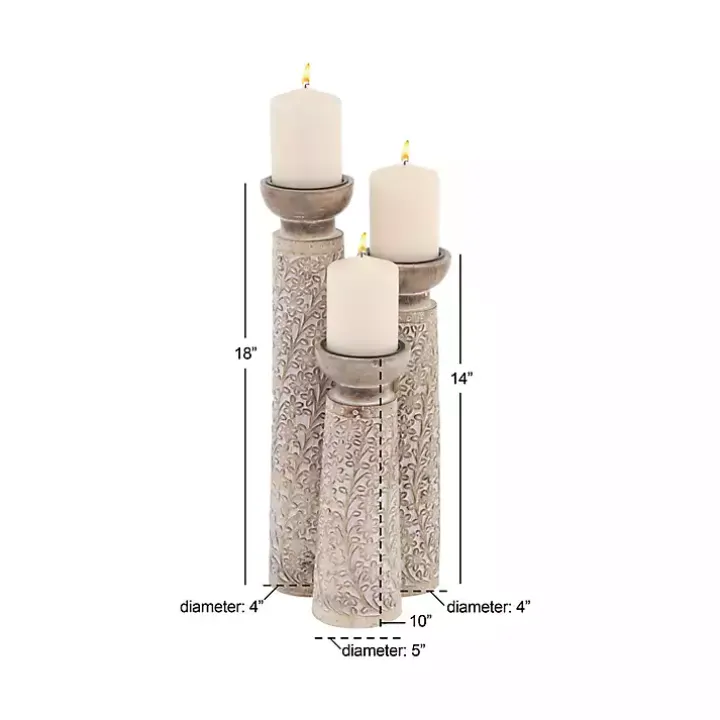 White Washed Floral Wood Candle Holders, Set of 3