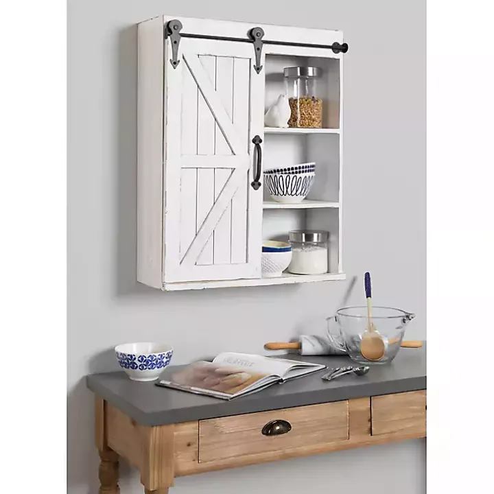 White Wood Barn Door 5-Shelf Wall Cabinet