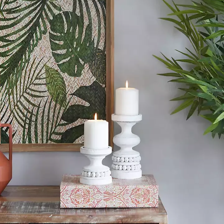 White Wood Beaded Pillar Candle Holders, Set of 2