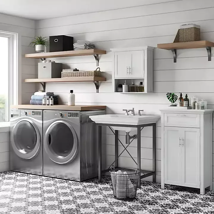 White Wood 2-Door Open Shelf Wall Cabinet