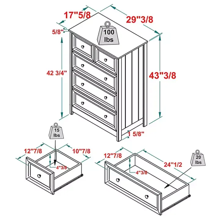 White Wood Five Framed Drawers Dresser