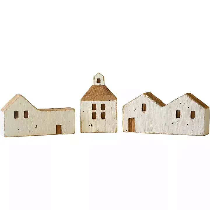 White Wood House Figurines, Set of 3