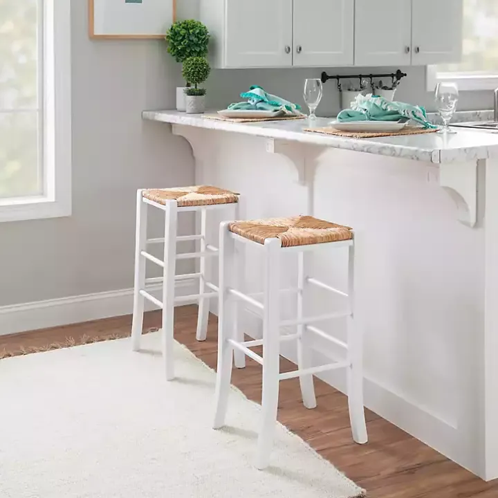 White Wood Seagrass Backless 2-pc. Bar Stool Set