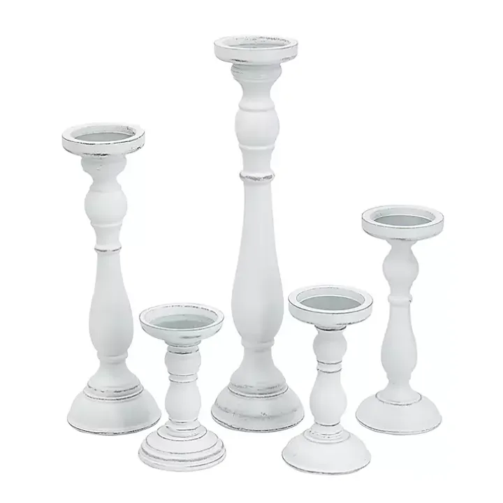 White Wood Spindle Taper Candle Holders, Set of 5