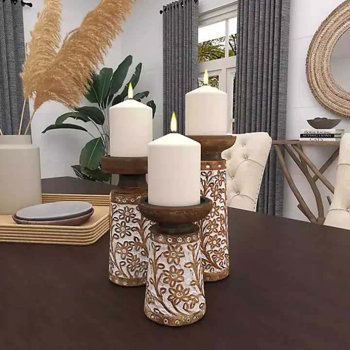 Whitewash Floral Mango Candlesticks, Set of 3