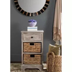Whitewashed Brown Wood Side Table with Baskets
