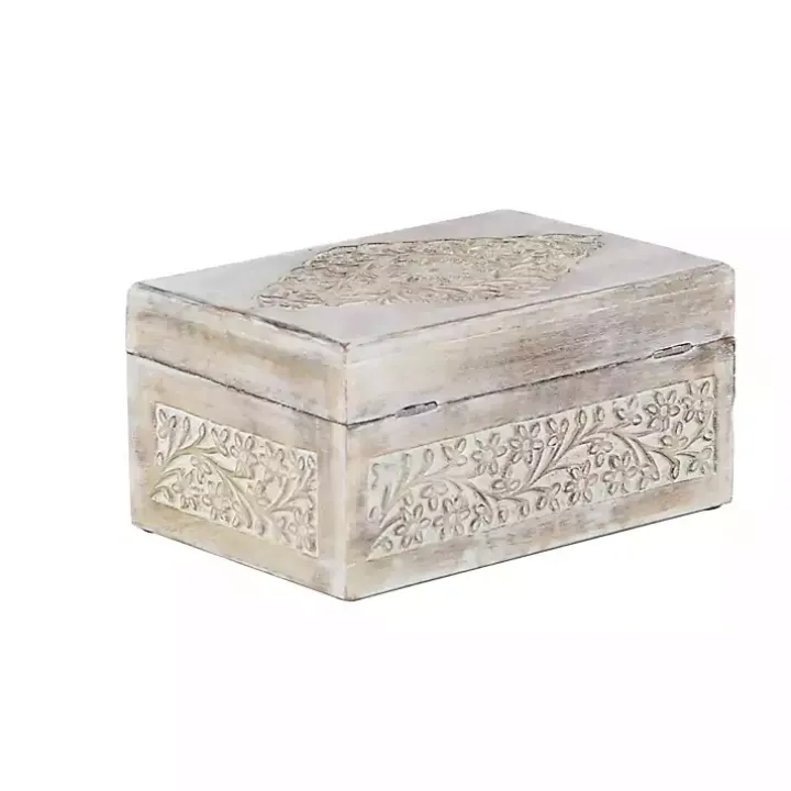 Whitewashed Floral Carved Wood Boxes, Set of 3