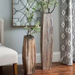 Whitewashed Oblong Wooden Vases, Set of 2
