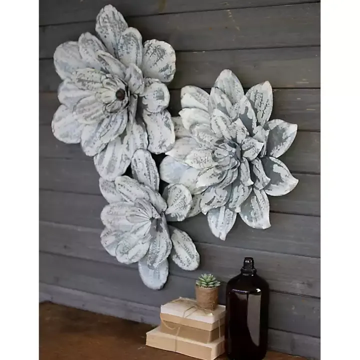 Whitewashed Wall Flower Sculptures, Set of 3