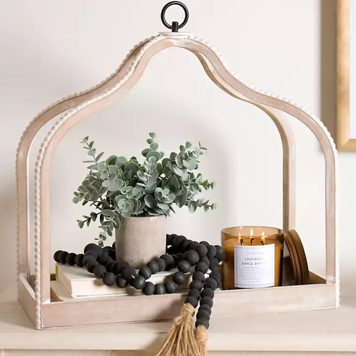 Whitewashed Wood Beaded Open Lantern