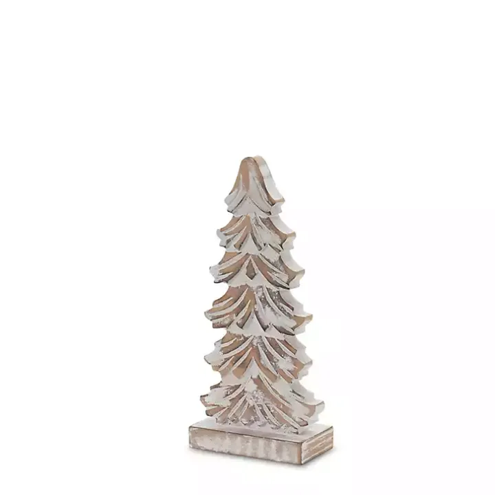 Whitewashed Wood Carved Pine Trees, Set of 3