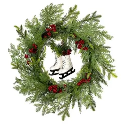 Winter Skates Christmas Wreath with Red Berries
