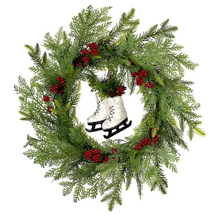 Winter Skates Christmas Wreath with Red Berries