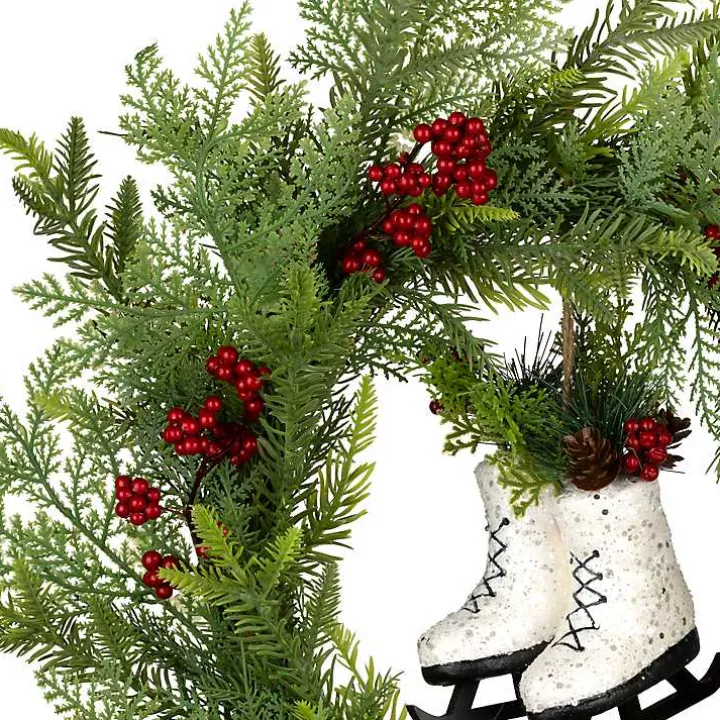 Winter Skates Christmas Wreath with Red Berries