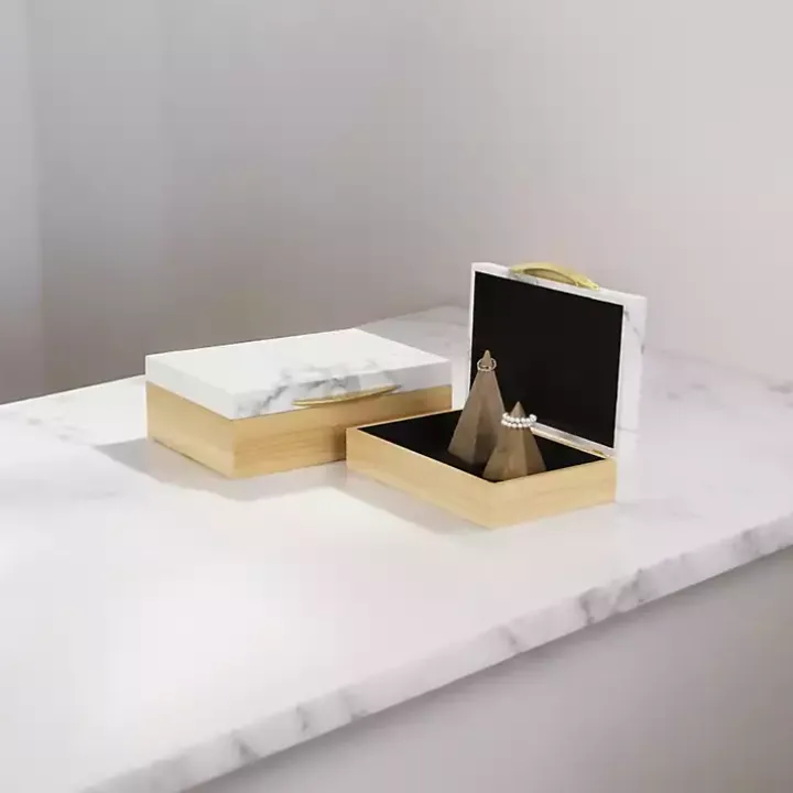 Wood and Faux Marble Rectangular Boxes, Set of 2