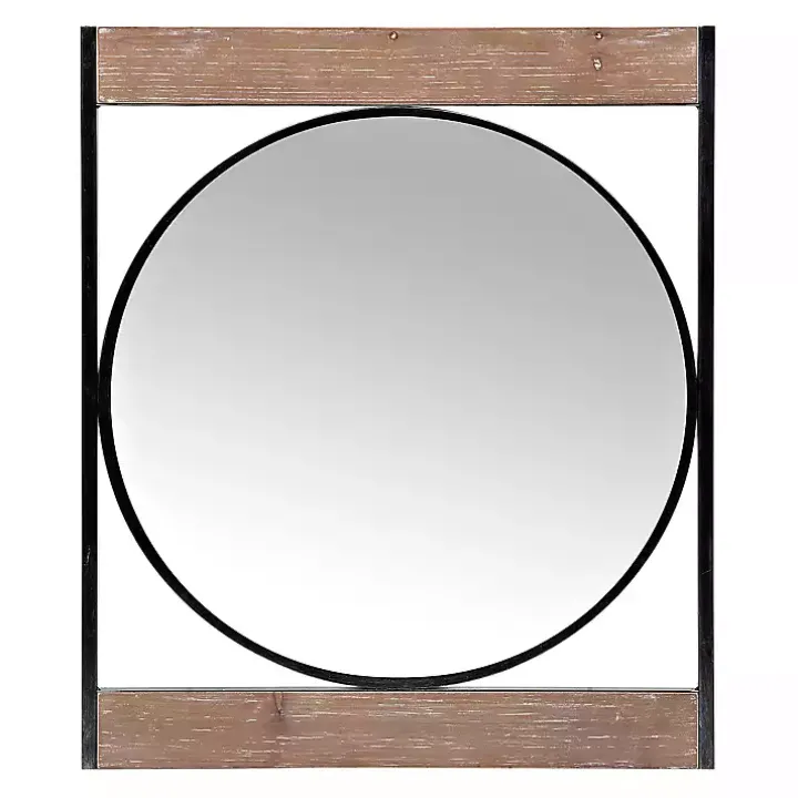 Wood and Metal Framed Round Industrial Mirror