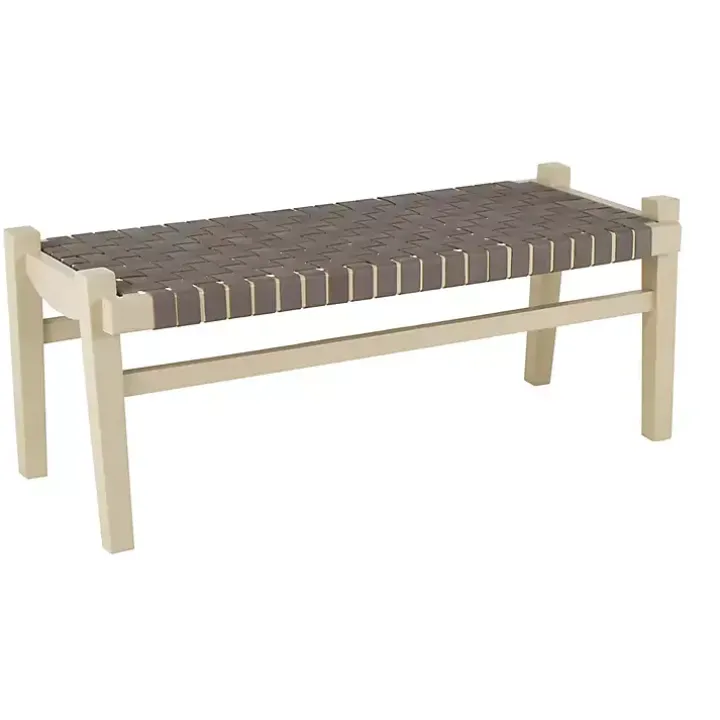 Woven Brown Leather Natural Wood Bench