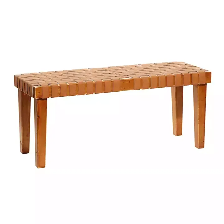 Woven Leather Textured Wood Bench