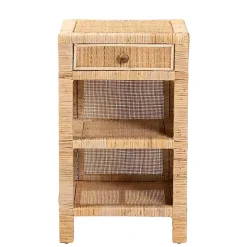 Woven Rattan and Mahogany Wood Nightstand