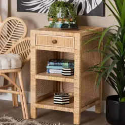 Woven Rattan and Mahogany Wood Nightstand