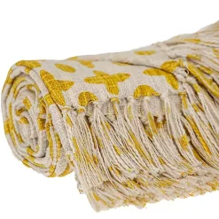 Yellow and Beige Patterned Fringe Throw