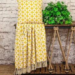 Yellow and Beige Patterned Fringe Throw