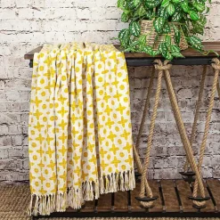 Yellow and Beige Patterned Fringe Throw
