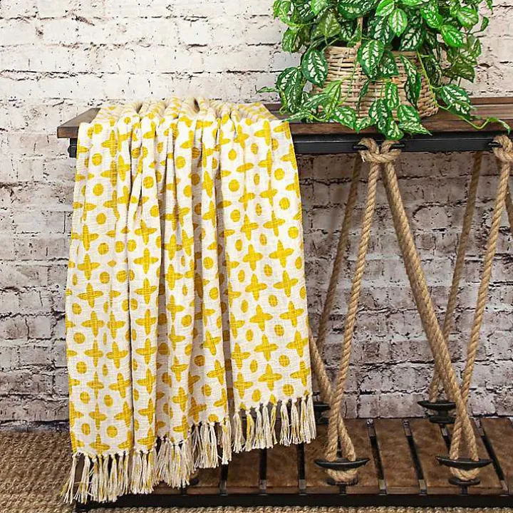 Yellow and Beige Patterned Fringe Throw