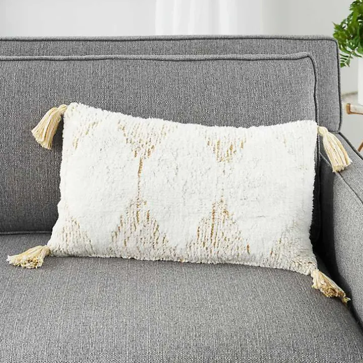 Yellow Stripe Diamond Tassels Cotton Lumbar Pillow