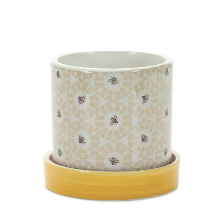 Yellow Striped and Bee Decorative Pots, Set of 2