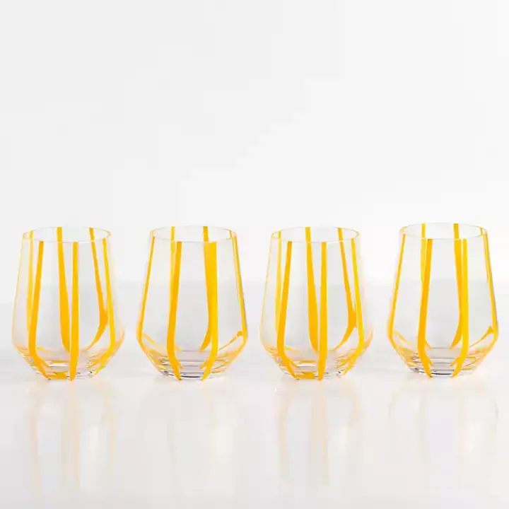 Yellow Striped Stemless Wine Glasses, Set of 4